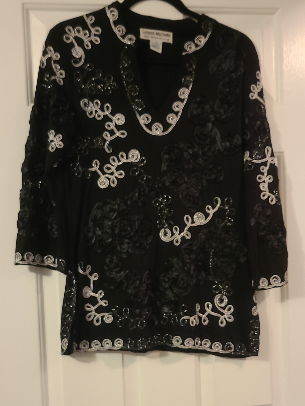 Lauren Michelle Black V-Neck Embellished Tunic with White Swirl Accents